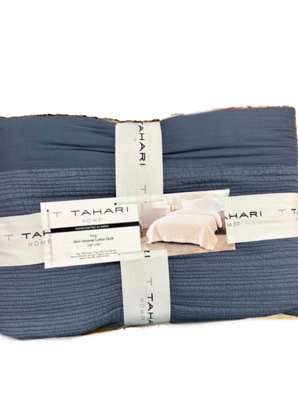 Tahari Blue Mini Channel Cotton Quilt 106”x92”
